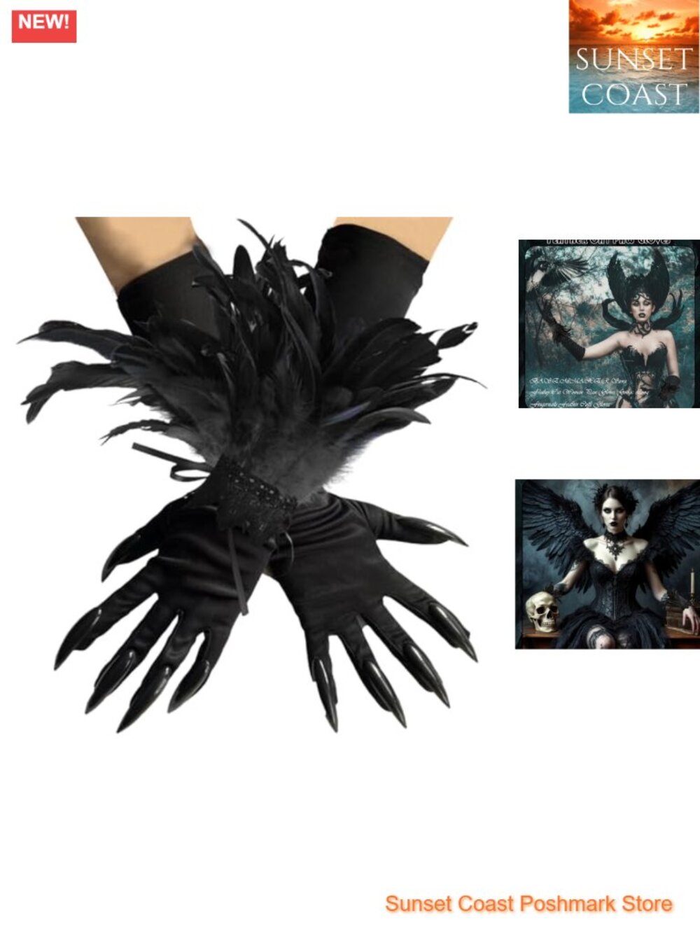 Lace Feather Gloves with Faux Nails Gothic Cosplay Costume Accessory